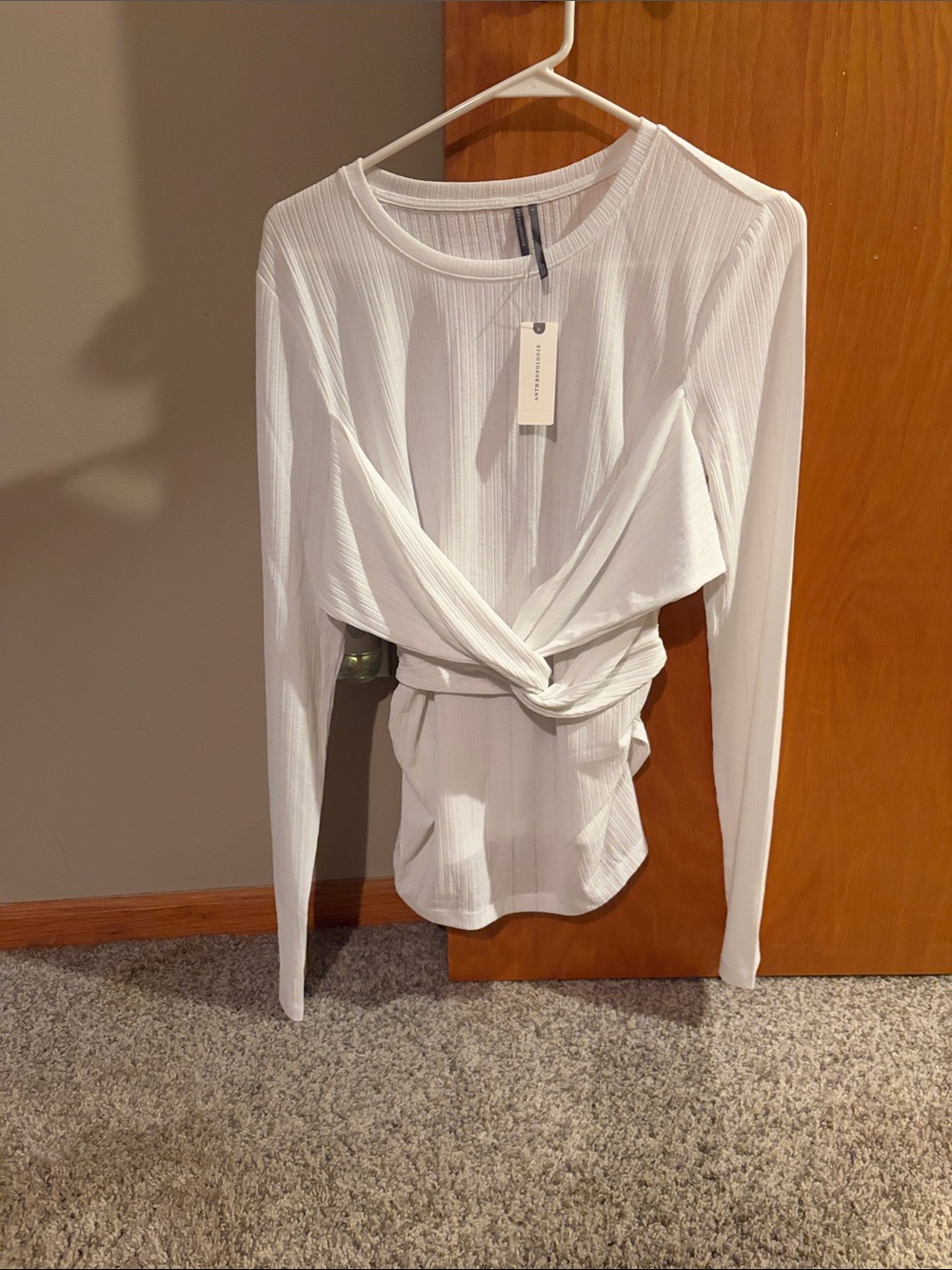 Anthropologie White Ribbed Twist-Front Long Sleeve Top